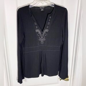 Y2K Madison Embroidered Bell Sleeve Empire Waist Split Neck Knit Top Black L